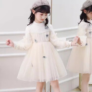 森葩女童連衣裙秋冬中大童韓版加絨加厚公主洋氣時(shí)髦拜年裙子兒童春裝 杏色  蝴蝶長(cháng)袖 【加絨】 140(建議身高135左右)