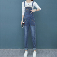 全穎蕾牛仔背帶褲+含棉T恤套裝女2021春春秋季新款減齡洋氣韓版顯瘦女 藍色935背帶褲+白色長(cháng)袖 S 100內