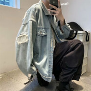 琛倪 破洞牛仔外套男春秋港風(fēng)bf夾克寬松韓版潮流褂子百搭痞帥ins衣服 藍(lán)色 XL