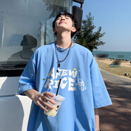 木清清短袖T恤男2024夏季新款潮牌純棉五分袖小衫青年美式休閑情侶t恤衫 藍(lán)色 XL