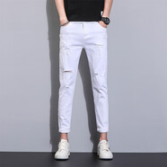 LEEHOYEE九分牛仔褲男修身小腳褲高彈力春夏季薄款破洞顯瘦褲子男潮流長(cháng)褲 420#白色破洞九分褲 32碼