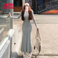 UKMR純欲風(fēng)v領(lǐng)針織連衣裙子女春夏季配大衣內搭打底性感收腰包臀長(cháng)裙 【水蘭色】【魚(yú)尾裙/裙子女秋冬/ S 40/45kg