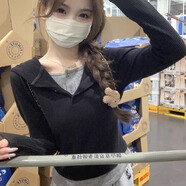 蝗裳一族純欲風(fēng)拼接撞色假兩件連帽長(zhǎng)袖T恤女秋冬季小眾設(shè)計(jì)感修身上衣服 黑色 S【建議70-95斤】