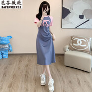 芭芬薇薇時(shí)尚休閑連衣裙女夏2025新款洋氣收腰顯瘦氣質(zhì)中長(zhǎng)款開(kāi)叉t恤裙子 灰藍(lán)色 XL