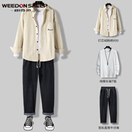 威登羊衣服男日系燈芯絨外套男士春秋冬季痞帥男裝一套搭配成熟夾克三件套衣服男裝聯(lián)名 三件套【米白色燈芯絨外套+白長T+711牛仔褲 XL