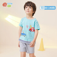 貝貝怡兒童短袖套裝男童夏季兒童時尚印花寶寶T恤短褲兩件套嬰兒衣服 綠色 12個月/身高80cm