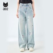 a02寬松直筒長(zhǎng)褲子女2024新款夏刺繡設(shè)計(jì)感牛仔褲女闊腿顯瘦 牛仔藍(lán) L