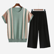 俞兆林（YUZHAOLIN）母親節媽媽夏裝套裝中老年女裝時(shí)尚休閑針織衫上衣半袖兩件套 豆綠色（上衣+黑色闊腿褲） 2XL （100-120斤）