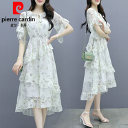 皮爾卡丹（pierre cardin）碎花雪紡連衣裙女夏2024年新款女裝法式顯瘦時(shí)尚氣質(zhì)仙女蛋糕裙子 綠色 XL