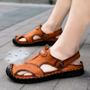 西域駱駝（VANCAMEL）男鞋高端真皮拖鞋防滑耐磨夏季包頭休閑沙灘鞋兩用戶外開車涼鞋男 淺棕（真皮） 42