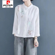 皮爾卡丹（pierre cardin）撿漏專(zhuān)柜撤回品牌尾貨女中式盤(pán)扣茶服上衣刺繡棉麻長(cháng)袖襯衫 白色  XL 建議105-120斤