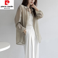 皮爾卡丹（pierre cardin）高級(jí)感天絲襯衫女夏季慵懶風(fēng)薄款防|曬衣韓版寬松透視外搭開(kāi)衫襯 橄欖綠色 L