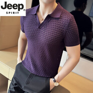 JEEP SPIRIT吉普V領(lǐng)冰絲鏤空t恤男短袖夏季時(shí)尚潮流休閑百搭針織polo.衫 紫色 L (115-130斤)