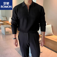 羅蒙（ROMON）黑色長袖針織衫男秋季輕熟風半拉鏈毛衣小眾翻領外穿線衣外套 黑色 M