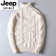 JEEP SPIRIT復(fù)古重磅粗針厚實(shí)麻花編織毛衣男高領(lǐng)棉質(zhì)保暖棉線粗線針織衫 米白色 M