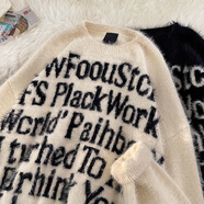 衣然呈品美式潮牌寬松圓領(lǐng)毛衣男字母印花秋冬季情侶線(xiàn)衣慵懶風(fēng)針織衫男裝 杏色 L【建議110-125斤】