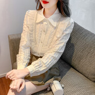 睡妍（SHUIYAN）加絨加厚襯衫女2024春秋新款荷葉花邊蕾絲衫襯衣女長(cháng)袖上衣打底衫 杏色常規 S