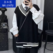 奈加圖（NAIJIATU）兩件套裝毛衣背心男秋季韓版潮流v領(lǐng)針織衫秋季ins學(xué)院風(fēng)寬松馬甲 黑色背心+白襯衫 1491一套 XL