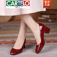 卡帝樂鱷魚（CARTELO）高檔真皮粗跟酒紅色高跟鞋方頭漆皮2025年媽媽鞋春秋季喜婆婆婚禮 6厘米/酒紅色 35