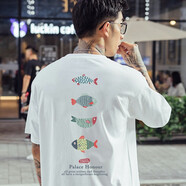 陌汀港風(fēng)復(fù)古趣味小魚印花短袖t恤男士夏季寬松大碼圓領(lǐng)純棉上衣體恤 白色1436 M