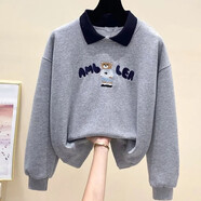 艾佳品衛(wèi)衣女刺繡POLO領(lǐng)秋季新款2025寬松遮肚子上衣減齡長(zhǎng)袖T恤上衣潮 灰色 XL 112-124斤