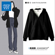 真維斯（JEANSWEST）衛(wèi)衣女春秋季新款外套女開衫連帽情侶男女裝上衣服小個子休閑寬松 黑色 純色 XL