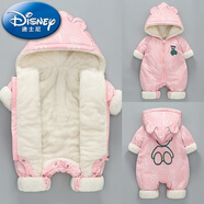 迪士尼（Disney）2025年新生嬰兒冬款衣服加絨夾棉寶寶連體衣外出加厚棉衣爬服冬季 BB-印花熊  粉色 冬裝 66cm 66碼(8-12斤左右)