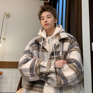 軒森圖（XUANSENTU）條紋毛呢外套男春秋款小香風(fēng)感痞帥潮牌寬松工裝格子夾克秋季 402連帽款加棉款 卡其色 厚款 L (175) （120斤至145斤可穿）