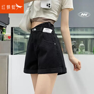 紅蜻蜓高腰牛仔短褲女2025年夏季新款小個子女裝a字熱褲女士短褲 黑色 L