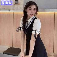 麥潮尚大碼學(xué)院風(fēng)撞色假兩件POLO領(lǐng)連衣裙秋裝感小個(gè)子減齡純欲初戀 短的袖假兩件-黑色 2XL 建議135-155斤