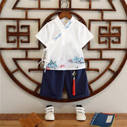 帥精靈漢服男童中國風(fēng)套裝夏季中大童古裝演出服兒童唐裝國學(xué)服棉麻夏裝 白色 110