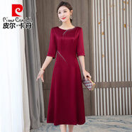 皮爾卡丹醋酸緞面媽婚宴禮服2025夏季新款高貴喜婆婆釘鉆時尚敬酒連衣裙 紅色 L