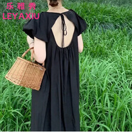 樂(lè )雅秀設計露時(shí)尚背小飛袖連衣裙女MM泡泡特大碼300斤夏寬松顯瘦T恤長(cháng)裙 黑色連衣裙 XL 建議120-150斤