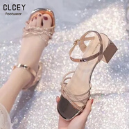 CLCEY2025年夏季韓版女粗跟涼鞋新款水鉆仙女風(fēng)配裙子涼鞋涼鞋女高跟鞋 香檳色 39