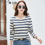 魔之韻潮流新款橫條紋女韓版長(cháng)袖T恤女打底衫寬松顯瘦圓領(lǐng)秋衣上衣潮419 藍色條紋 M（95-105斤左右）
