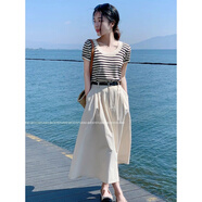 妍莉芬（yanlifen）連衣裙鹽系穿搭衣服小個(gè)子梨形身材氣質(zhì)顯高a字半身裙套裝女夏季 條紋上衣+米白半身裙 M