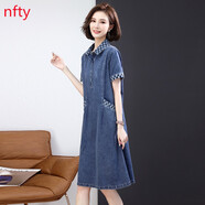 NFTY輕熟風(fēng)減齡2025夏季新款時尚氣質(zhì)翻領(lǐng)收腰顯瘦休閑舒適牛仔連衣裙 牛仔藍(lán) L （110-120斤）