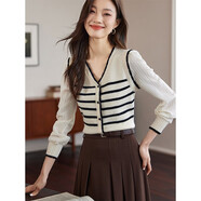 熙世界假兩件法式針織衫女2025秋款長(cháng)袖復古條紋套頭毛衣上衣 加厚 椰子奶油杏V領(lǐng)-升級版-上衣 S