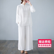 HKWZ春季禪意女裝佛系衣服居士服棉麻禪服打坐服中國風(fēng)唐裝套裝晨練服 白色套裝 M （建議90-110斤）