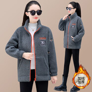 譽露羊羔毛外套女秋冬裝紅色韓版厚棉衛(wèi)衣加絨棉衣棉服開衫夾克短上衣 灰色 女M(建議80-100斤)
