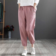 她風(fēng)采 純棉刺繡九分褲子女2021夏季新款復(fù)古文藝寬松薄款女士顯瘦燈籠 肉粉色 M 80-100斤