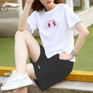 李寧（LI-NING）運動(dòng)套裝女夏季冰絲速干t恤短褲女士休閑跑步健身籃球訓練衣服 白色/標準黑【李寧繁體】 XL(平常穿2XL建議拍)