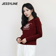 JESSYLINE2024冬季專柜款 杰茜萊酒紅色印花短款T恤 440501513 酒紅色 XS