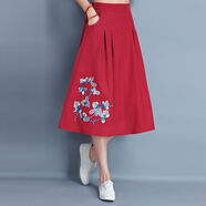 Lauaird 繡花民族風(fēng)女裝秋夏半身裙女棉麻中長裙大擺裙復(fù)古四季裙子有口袋 酒紅色6815繡花裙子 均碼 建議90斤-145斤