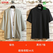 有衣有靠夏季薄款七分袖開(kāi)衫外套潮流ins中國(guó)風(fēng)男士休閑短袖披風(fēng)服夾克 綠色+黑色T恤 M