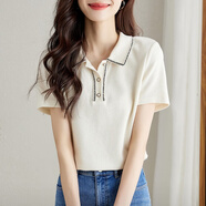 羅蒙（ROMON）小香風(fēng)織帶POLO衫女夏2025年新款短袖T恤女復古短袖翻領(lǐng)上衣女裝 米白色L