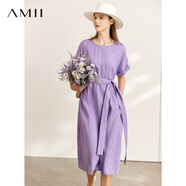 AMII女裝2025小清新配腰帶長款連衣裙新款亞麻收腰裙子女顯 丁香紫 S 155/80A