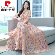 皮爾卡丹雪紡碎花長(zhǎng)袖連衣裙女春秋款沙灘裙2024新款高等夏季氣質(zhì)長(zhǎng)裙飄逸 粉色 L