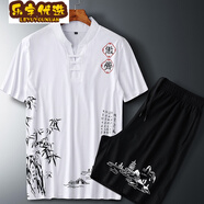 優(yōu)選中國風(fēng)套裝男夏季新款運動(dòng)休閑短袖T恤兩件套加肥加大碼胖子夏裝夏天穿的1 903-白色套裝 XL