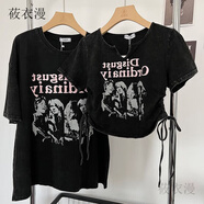 莜衣漫美式復(fù)古洗水做舊T恤女設(shè)計(jì)感小眾抽繩短款辣妹上衣情侶裝短袖潮 黑色-長(zhǎng)_優(yōu)質(zhì)不起球 S _適合60-85斤